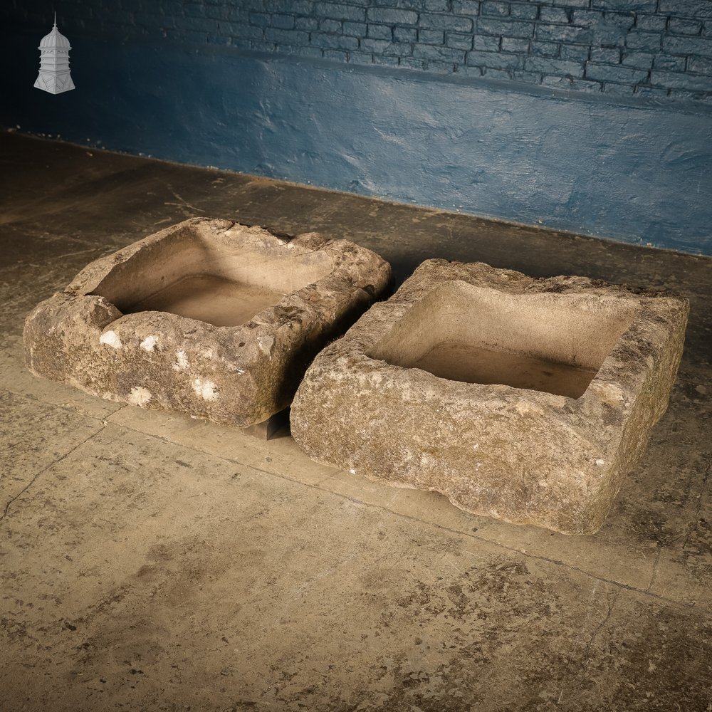 Pair of Weathered Carved Stone Trough Planters