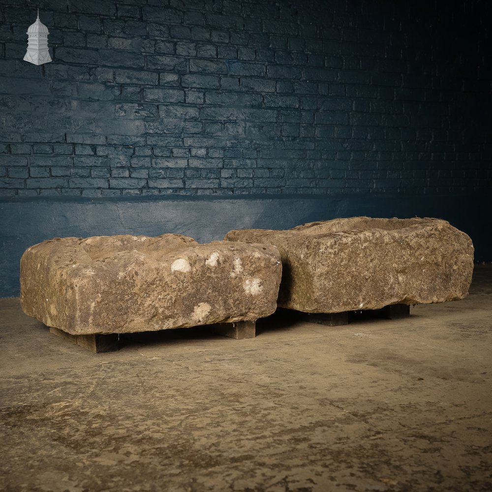 Pair of Weathered Carved Stone Trough Planters