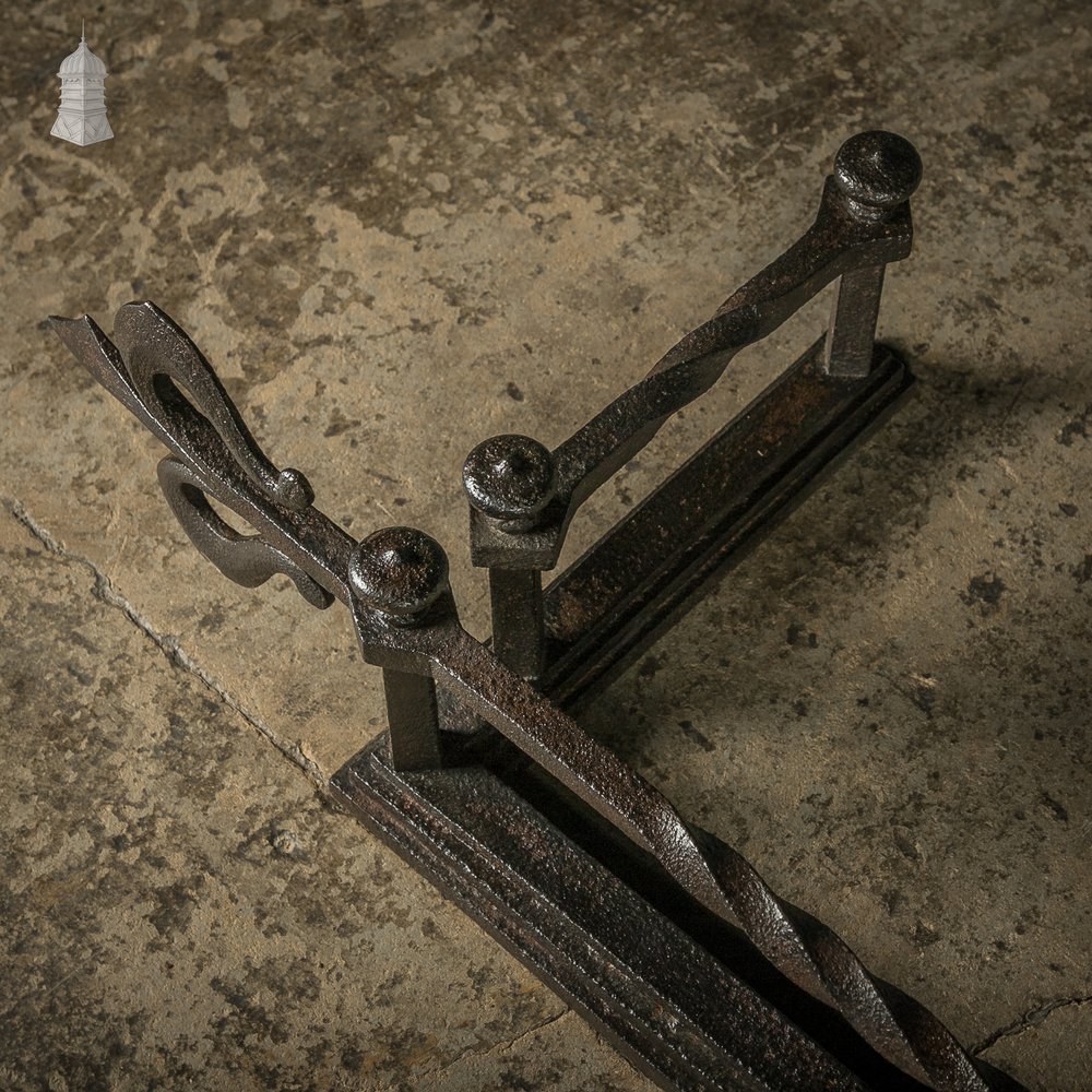 Fireplace Fender, Early 19th C Wrought Iron with Twist and Fleur De Lis