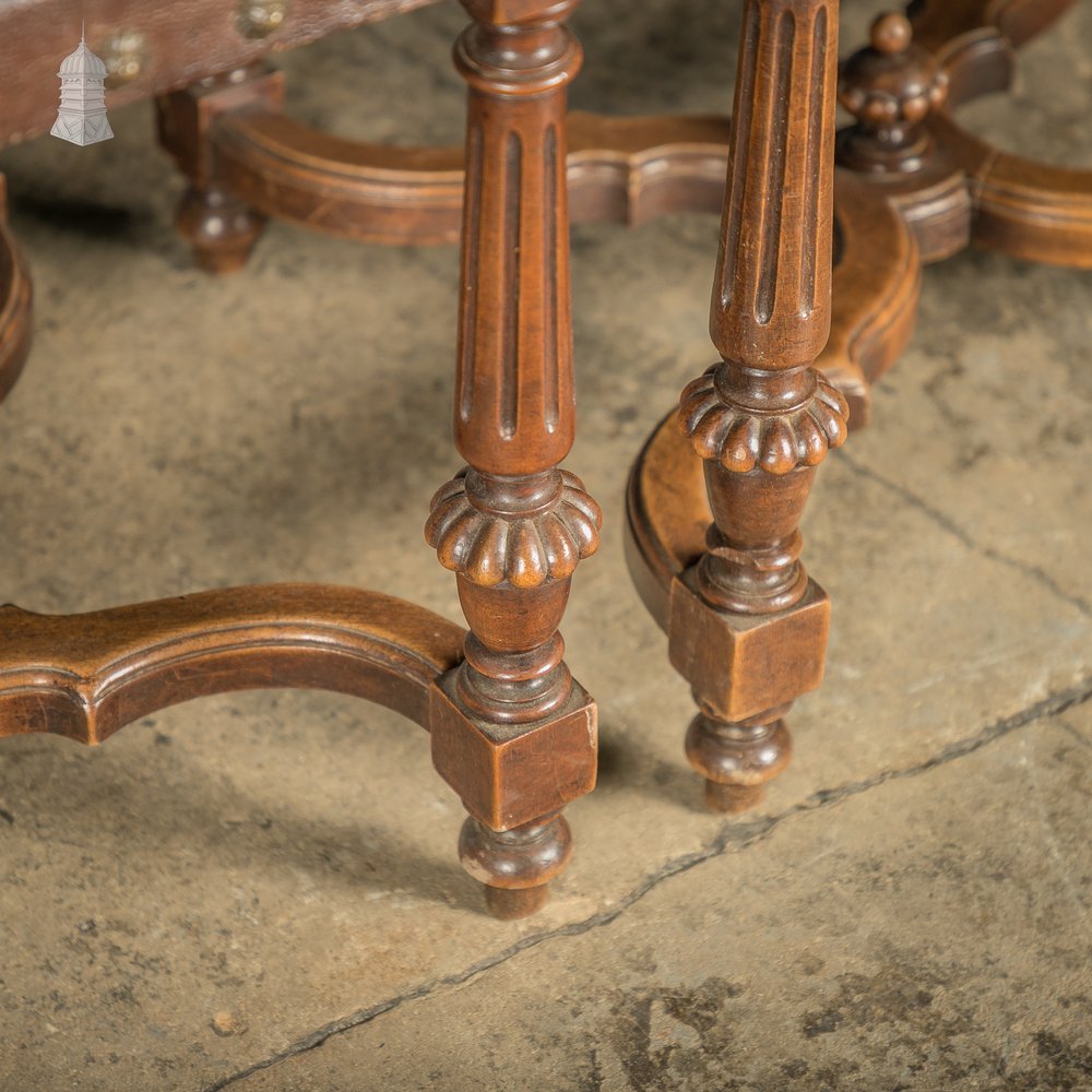 Carved Oak Chairs, 19th C with Embossed Studded Leather Seats, Set of 4