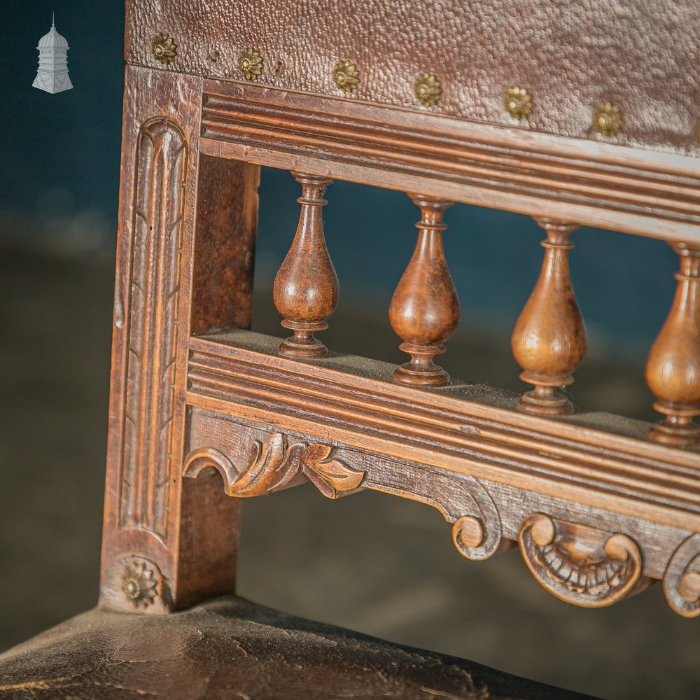 Carved Oak Chairs, 19th C with Embossed Studded Leather Seats, Set of 4