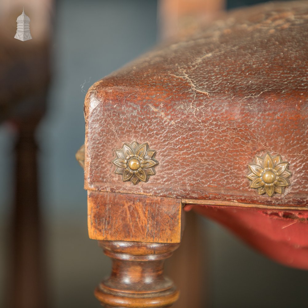 Carved Oak Chairs, 19th C with Embossed Studded Leather Seats, Set of 4