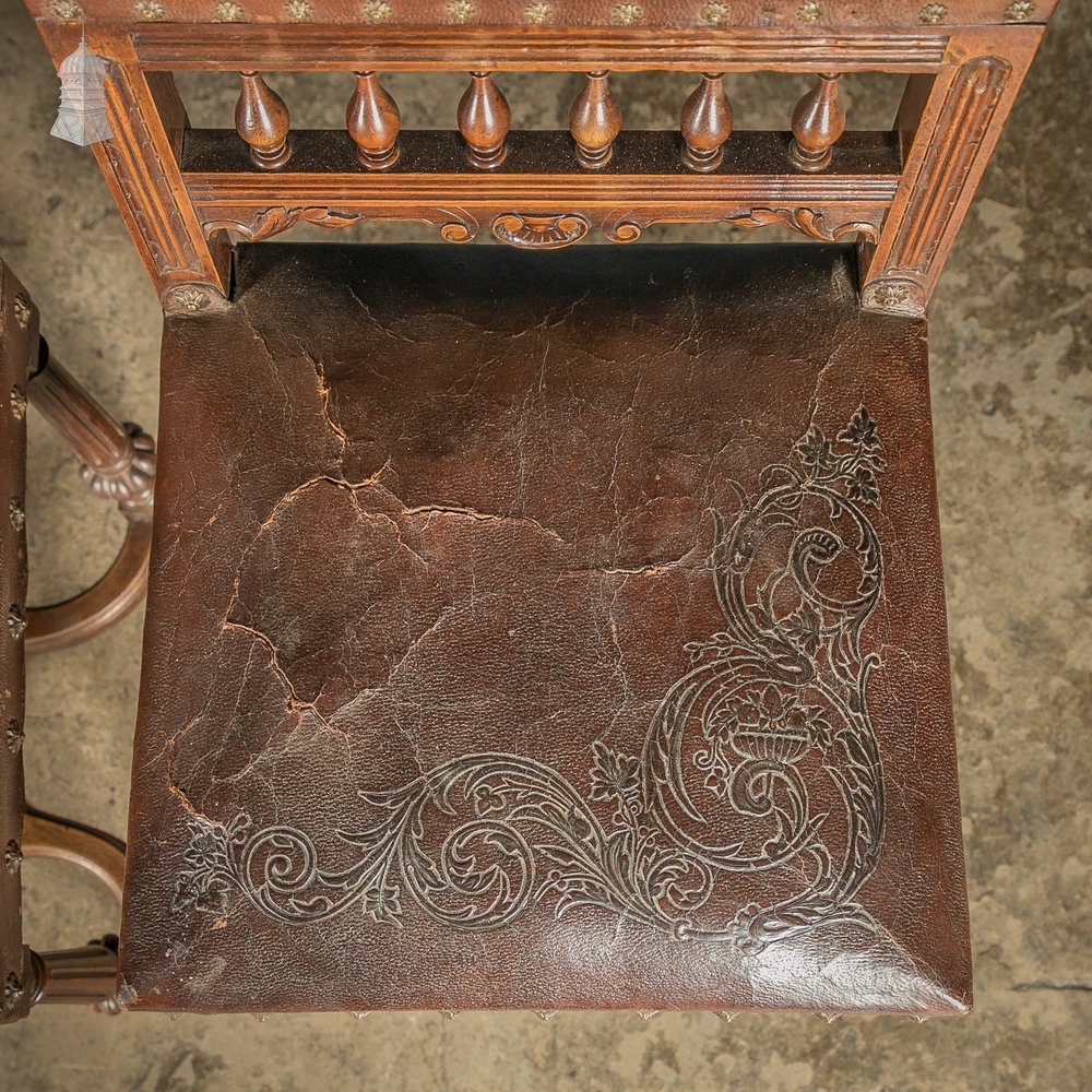 Carved Oak Chairs, 19th C with Embossed Studded Leather Seats, Set of 4