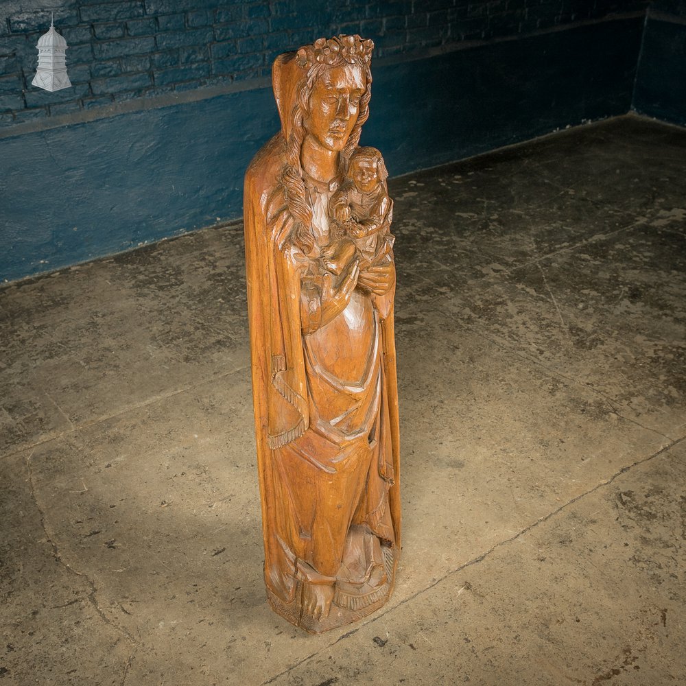 Madonna and Child, 19th C Ecclesiastical Carved Walnut Statue