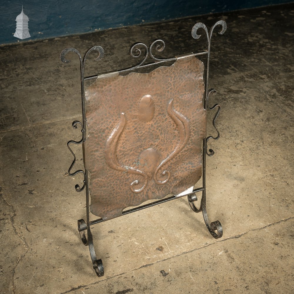 Fire Screen Guard, Wrought Iron and Beaten Copper with Scroll Design