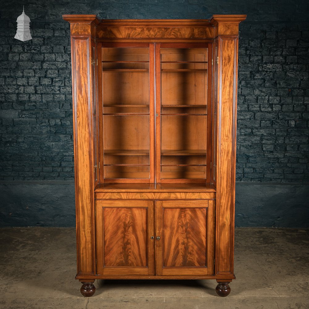 Flame Mahogany Bookcase - Inverted Breakfront, Glazed Pilasters