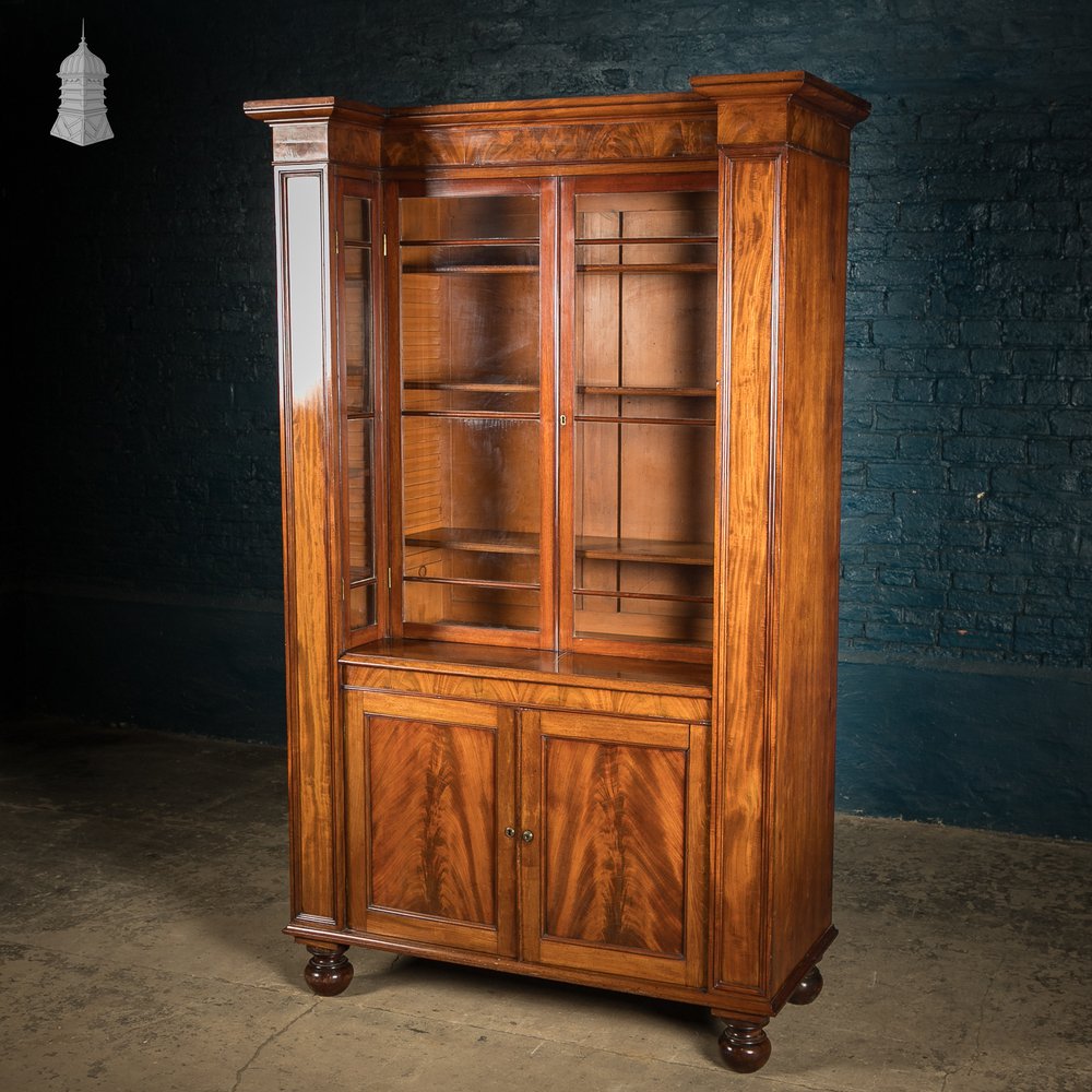 Flame Mahogany Bookcase - Inverted Breakfront, Glazed Pilasters