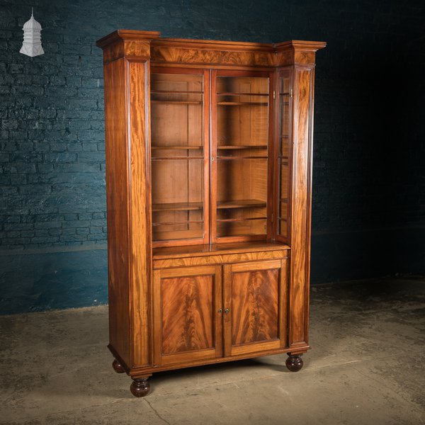 Flame Mahogany Bookcase - Inverted Breakfront, Glazed Pilasters