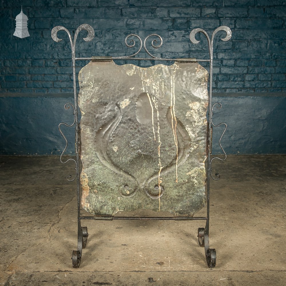 Fire Screen Guard, Wrought Iron and Beaten Copper with Scroll Design