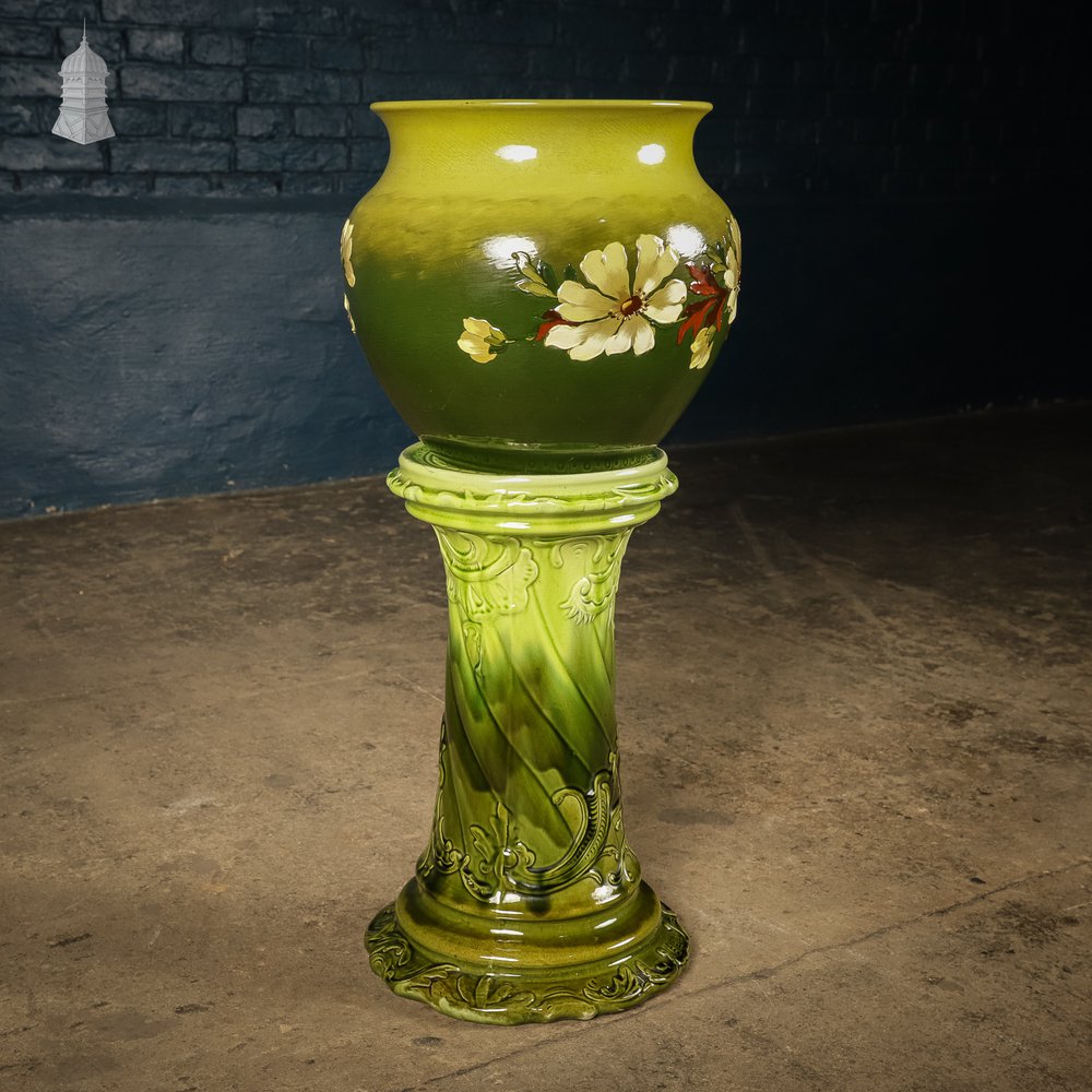 19th C Green Ceramic Floral Jardinière and Stand