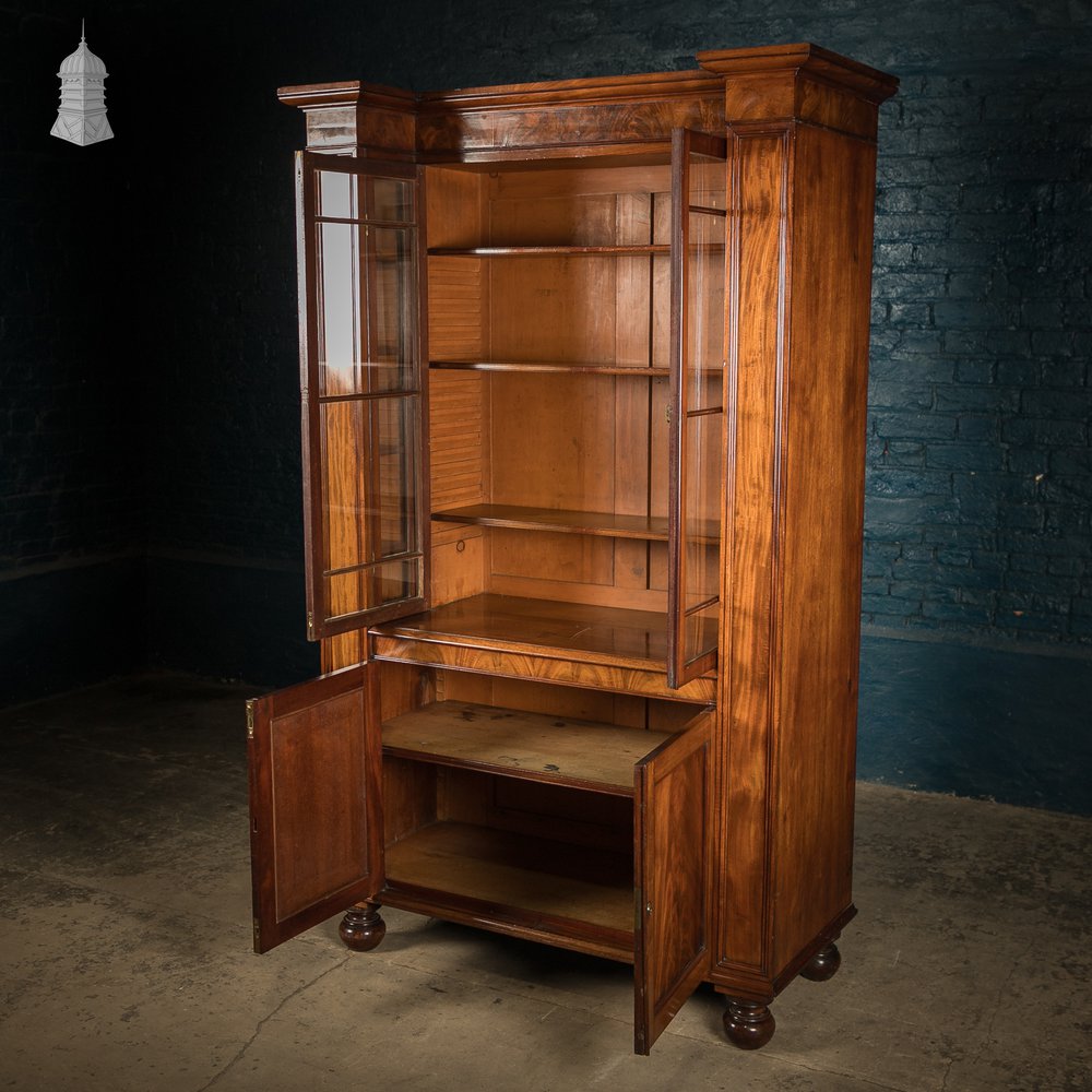 Flame Mahogany Bookcase - Inverted Breakfront, Glazed Pilasters