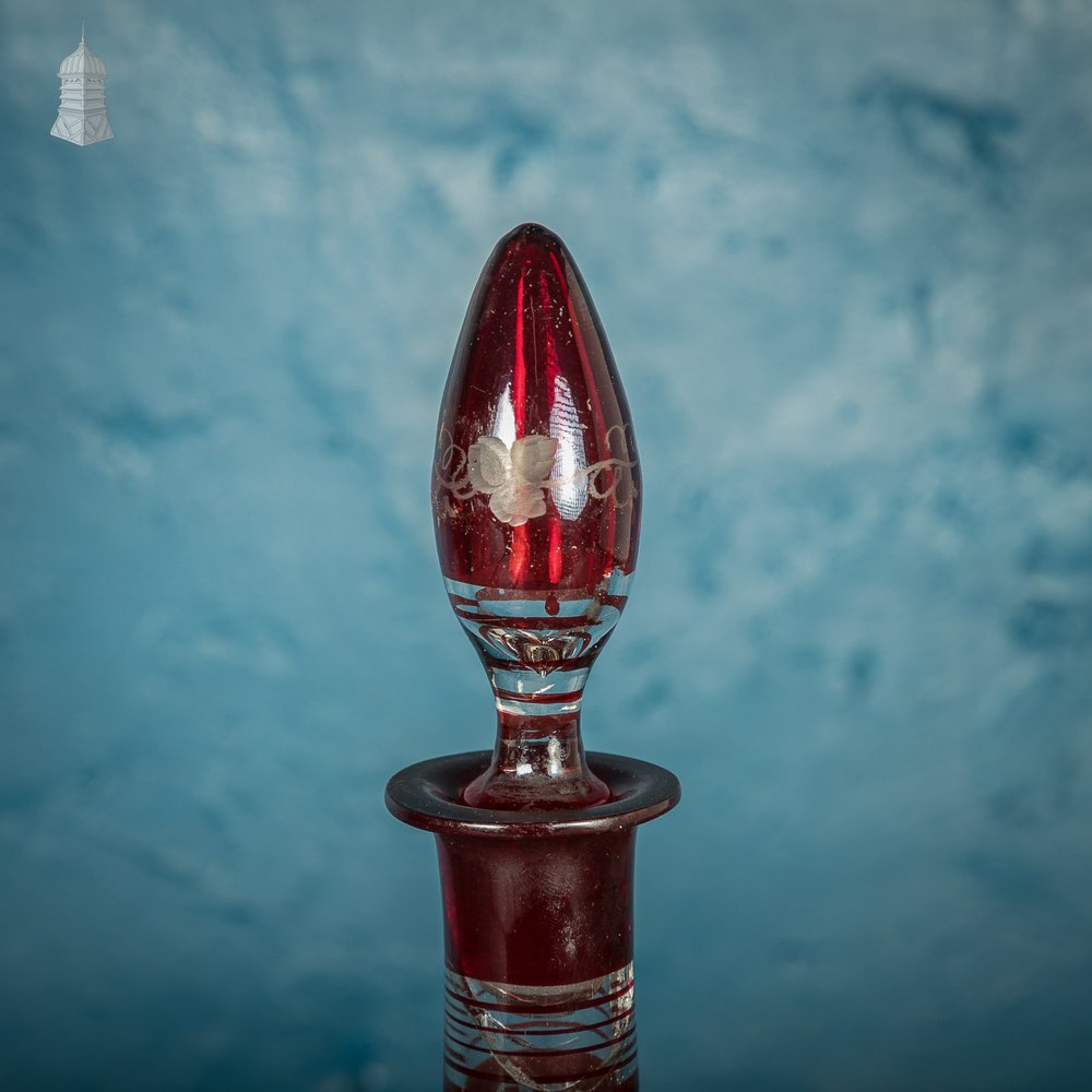 Bohemian Ruby Decanter, Etched Flashed Ruby Red Glass Cut to Clear Decorated with Grapes and Vines, 19th C