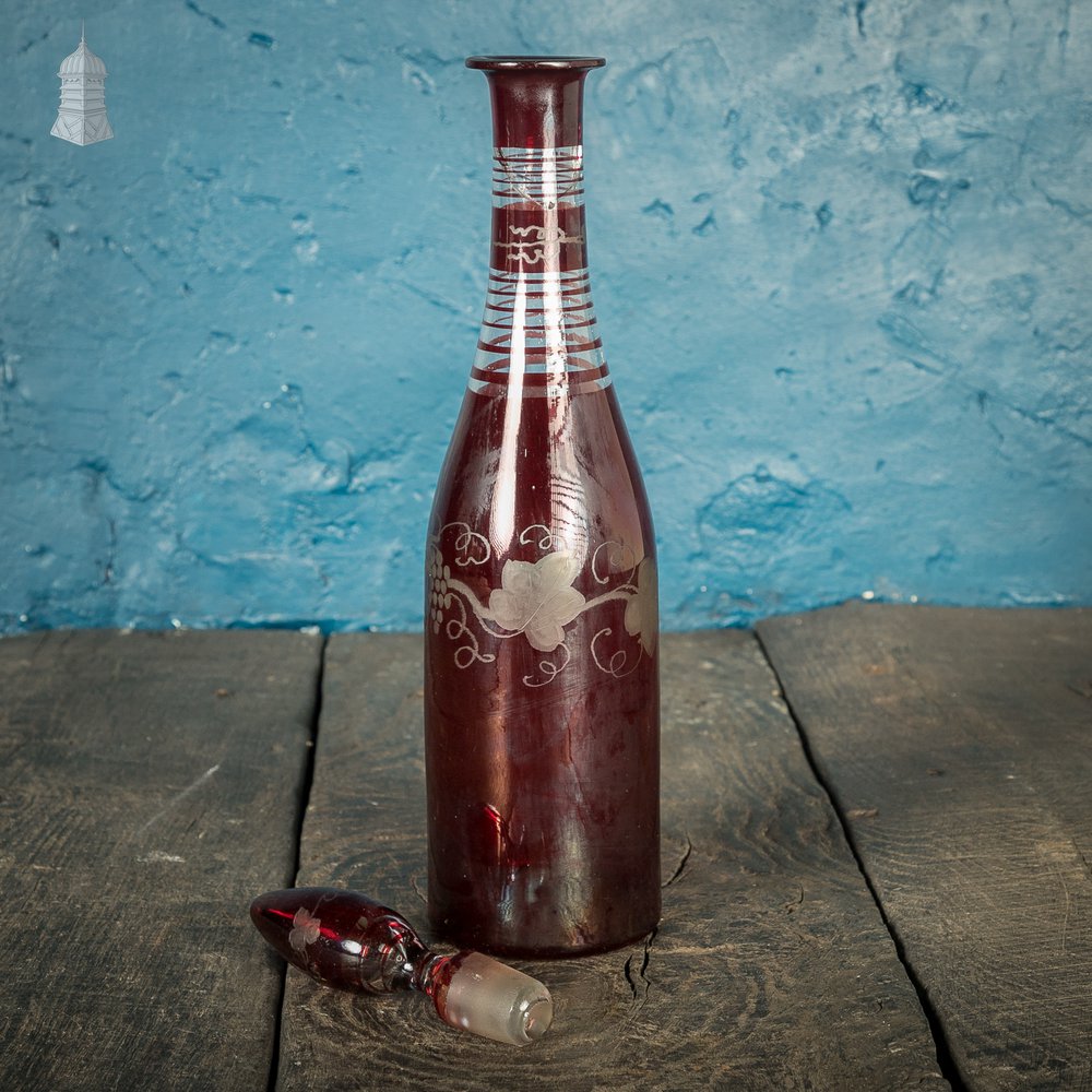 Bohemian Ruby Decanter, Etched Flashed Ruby Red Glass Cut to Clear Decorated with Grapes and Vines, 19th C