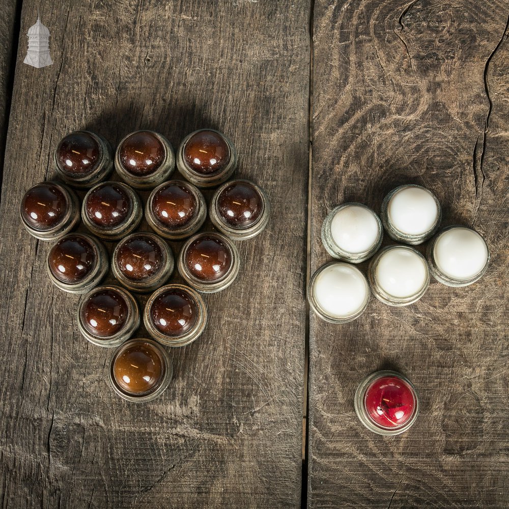 Lamp Cover Jewels, Industrial Pilot / Indicator Lamp Lens Covers, Smooth Domed White, Amber and Red Glass with threaded Brass Bases, Set of 19