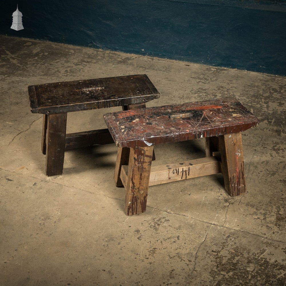 Trestle Step Stools, Pair of Rustic Black Stained Pine Industrial Workshop Stools