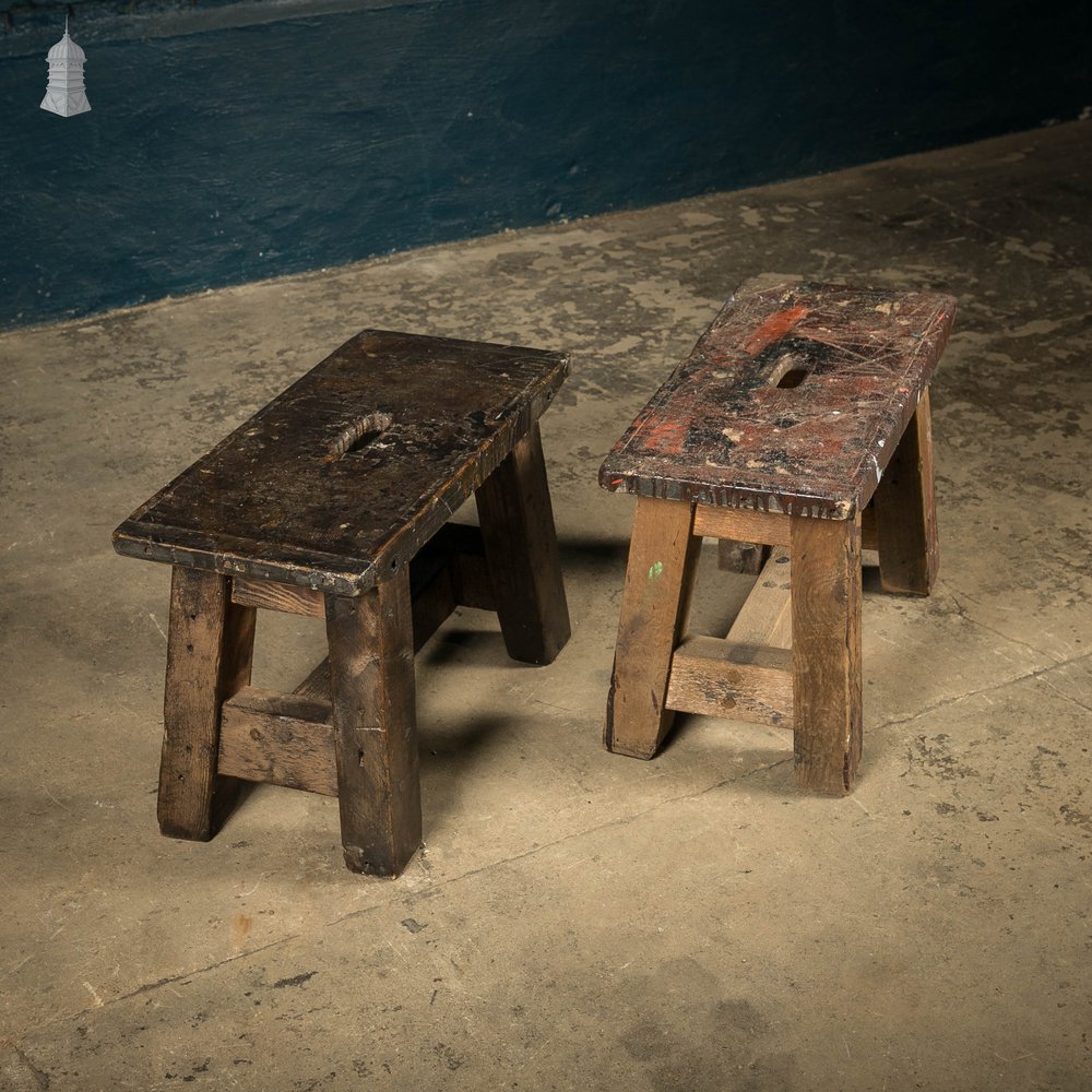 Trestle Step Stools, Pair of Rustic Black Stained Pine Industrial Workshop Stools