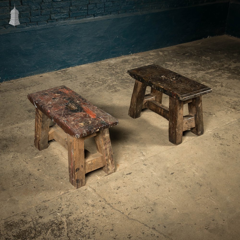 Trestle Step Stools, Pair of Rustic Black Stained Pine Industrial Workshop Stools