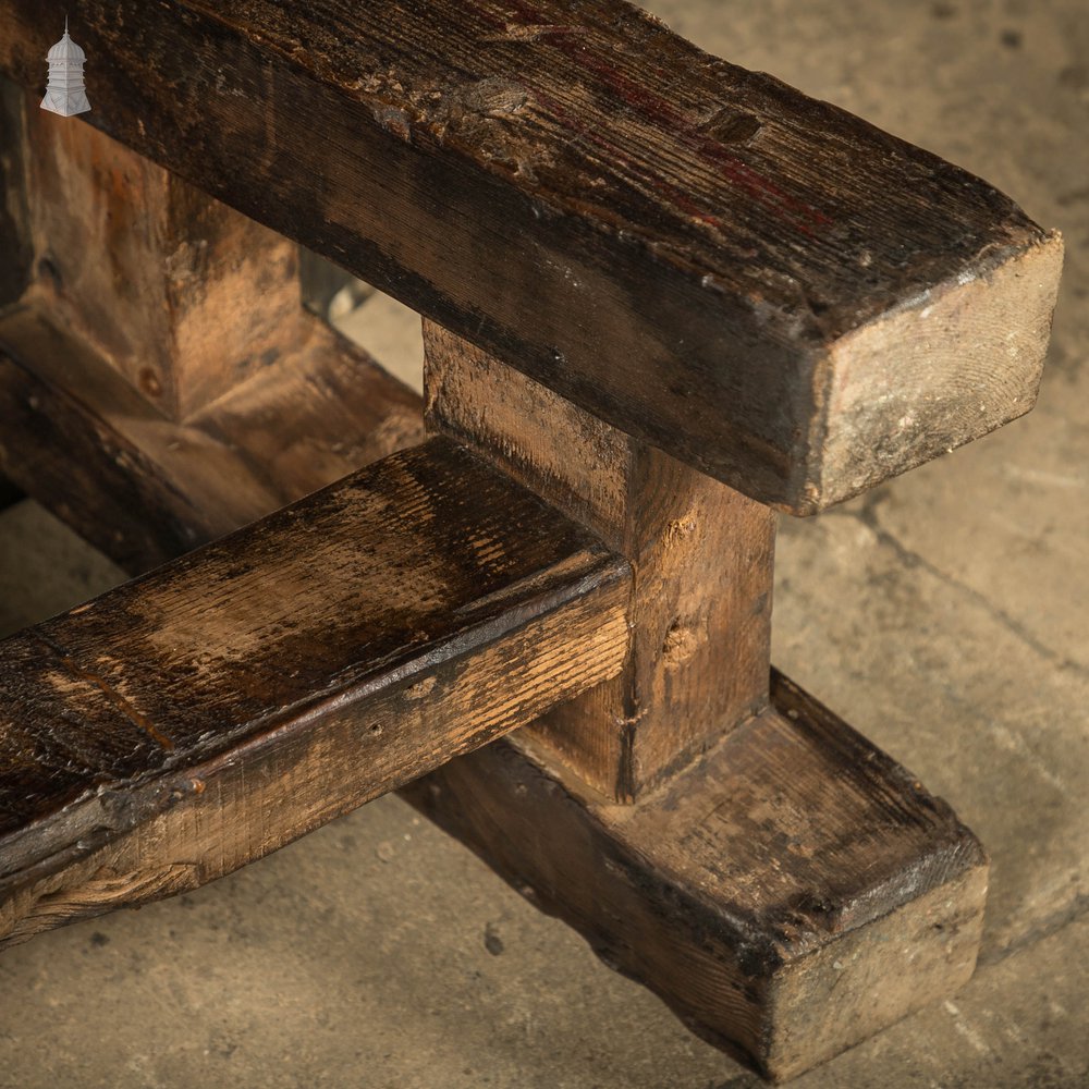 Trestle Step Stools, Pair of Rustic Black Stained Pine Industrial Workshop Stools