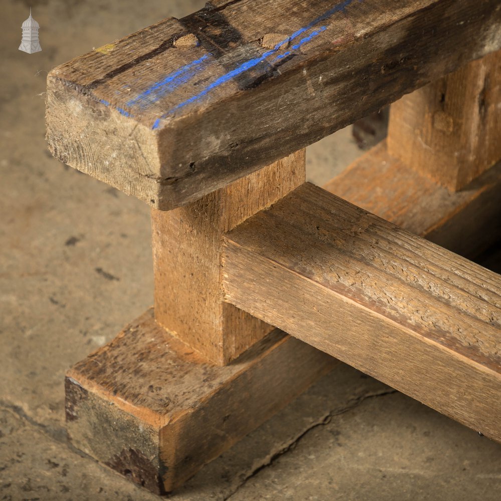 Trestle Step Stools, Pair of Rustic Black Stained Pine Industrial Workshop Stools