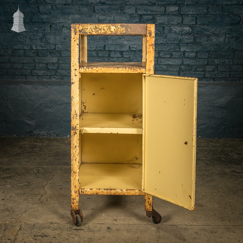 Industrial Wheeled Cabinet, Steel with Distressed Yellow Painted Finish