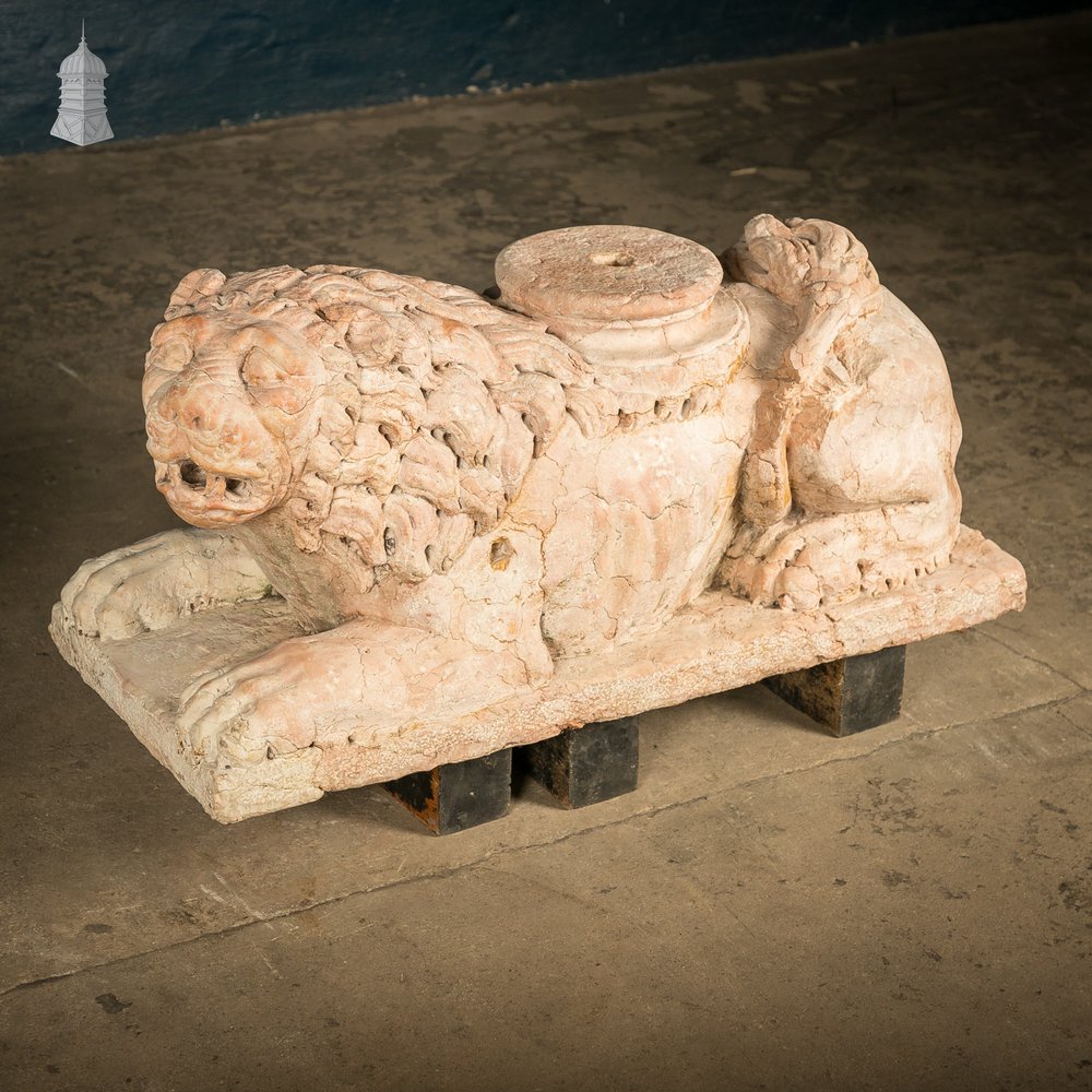 Marble Recumbent Lions, Pair