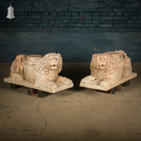 Marble Recumbent Lions, Pair