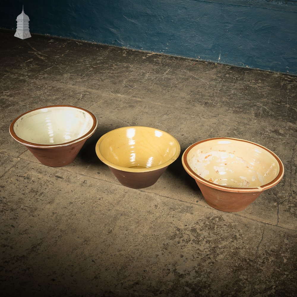 Set of Three 19th C French Dairy Bowls with Worn Glazed Finish