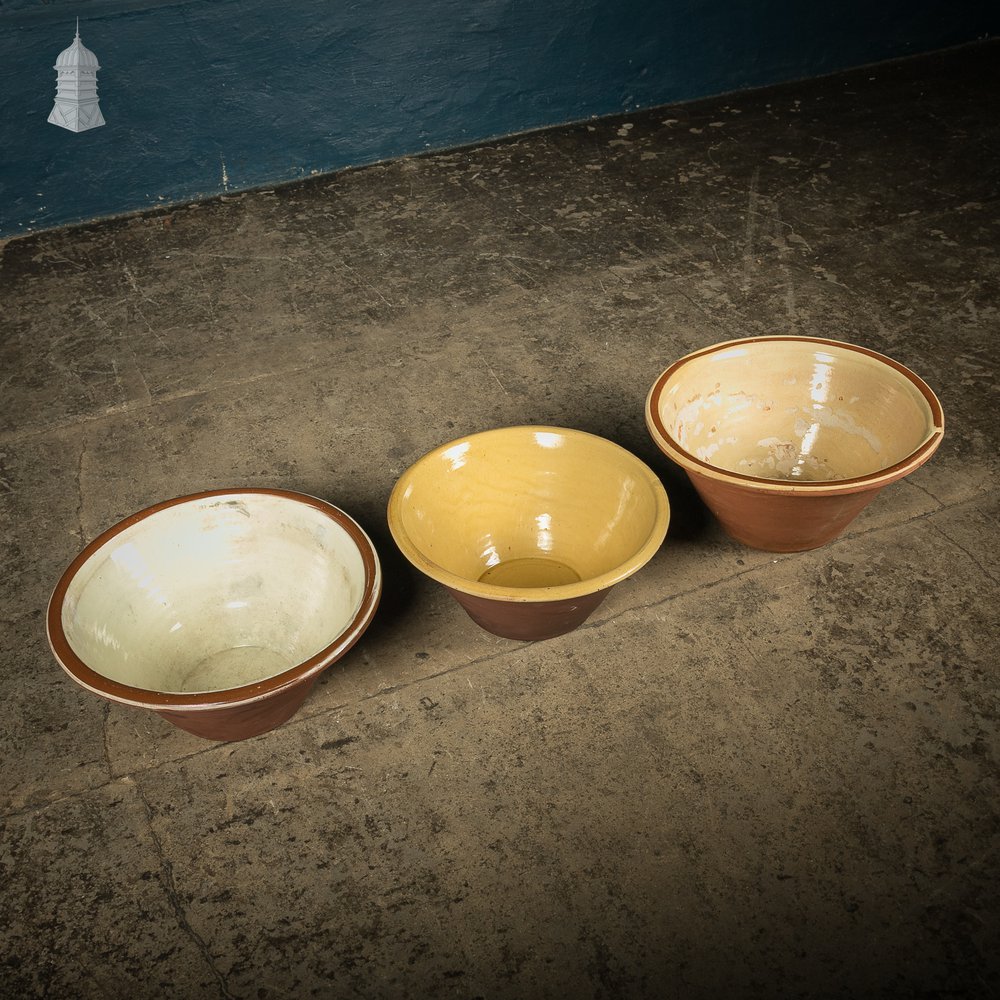 Set of Three 19th C French Dairy Bowls with Worn Glazed Finish