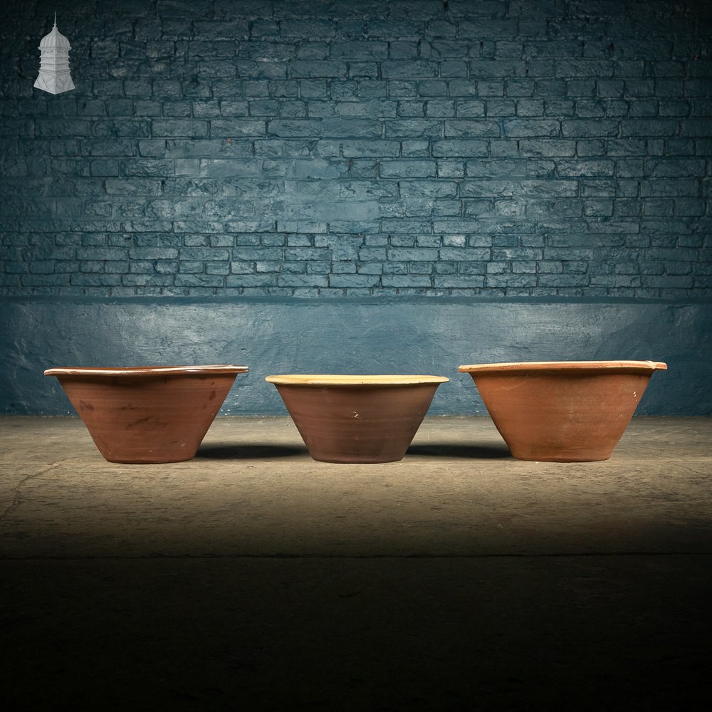 Set of Three 19th C French Dairy Bowls with Worn Glazed Finish