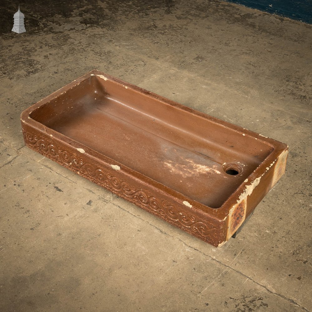 Shallow Trough Sink, 19th C Salt Glazed, Left Hand Return with Decorative Floral Design