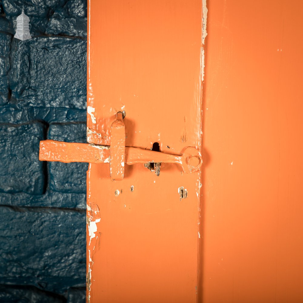 Reclaimed 4-Panel Door – Distressed Orange & Black Paint, Suffolk Latch