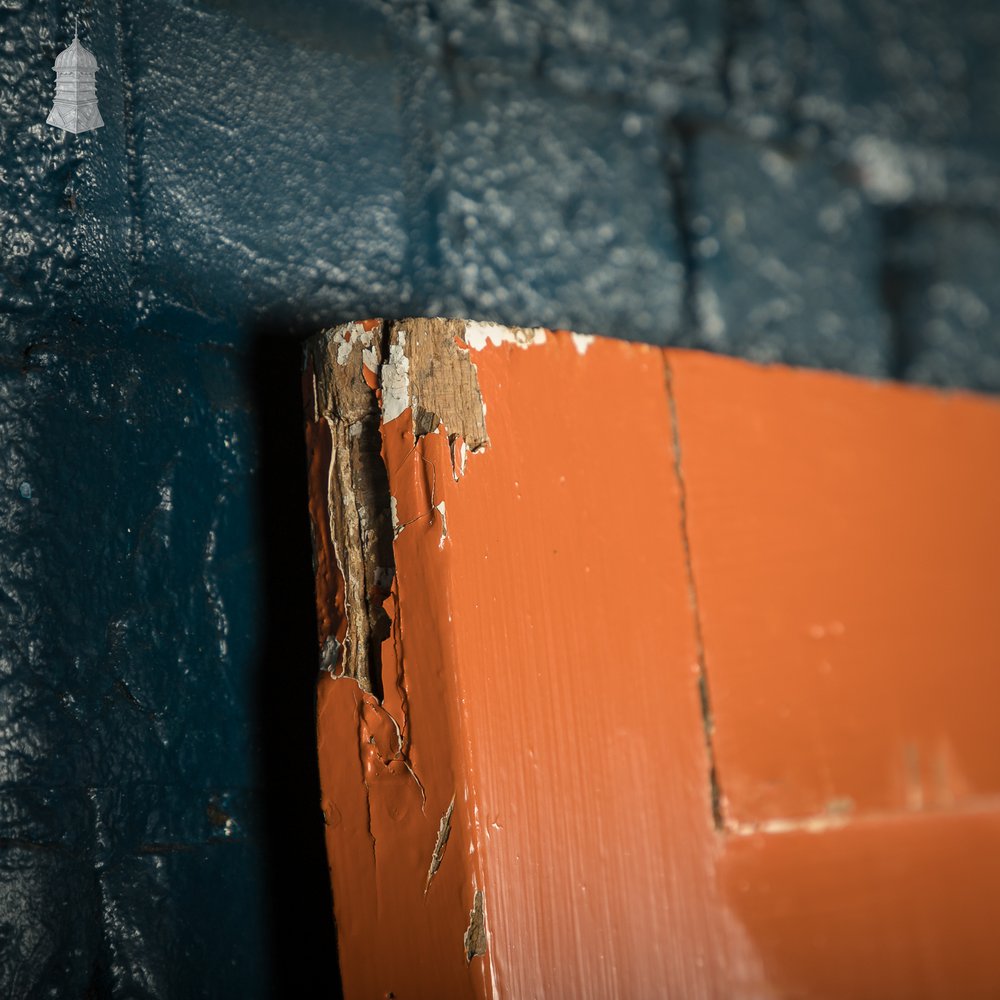 Reclaimed 4-Panel Door – Distressed Orange & Black Paint, Suffolk Latch