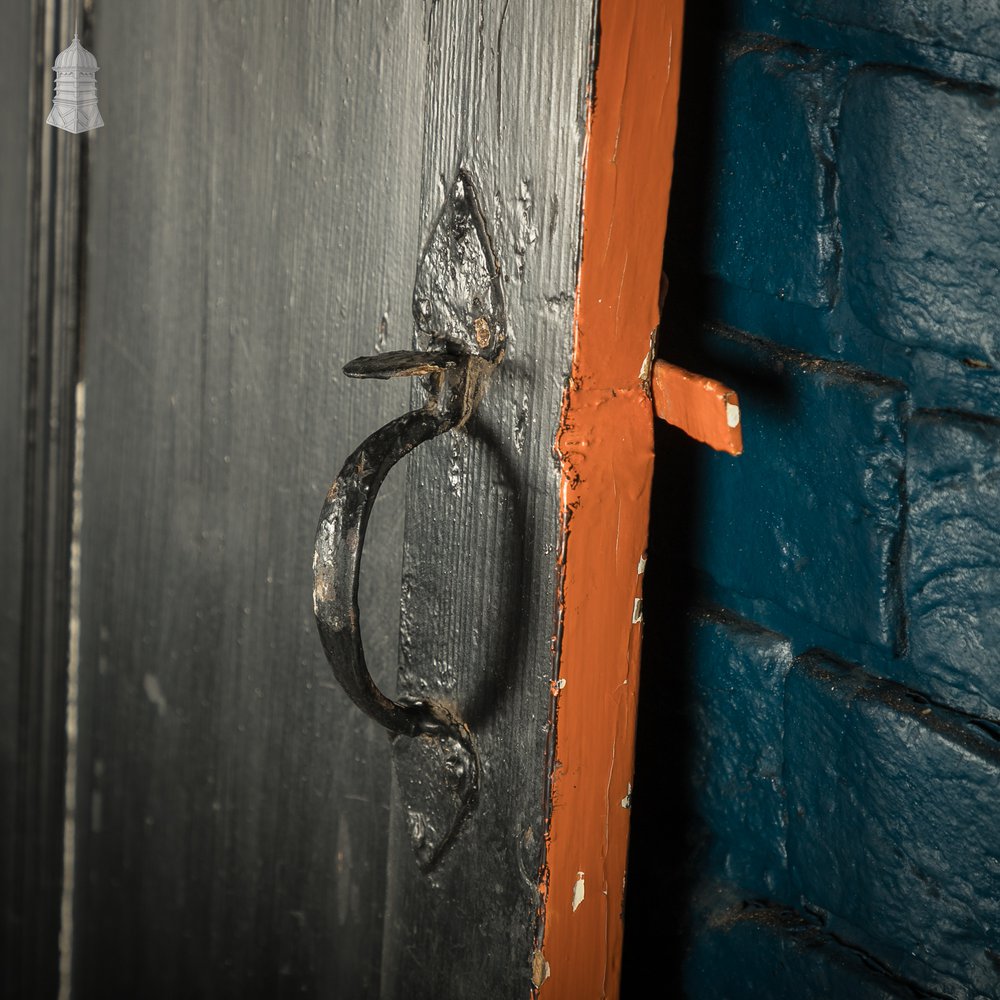 Reclaimed 4-Panel Door – Distressed Orange & Black Paint, Suffolk Latch