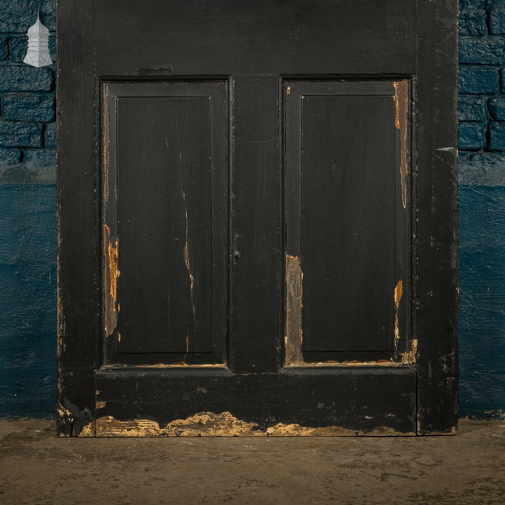 Reclaimed 4-Panel Door – Distressed Black Paint, Moulded Panels, Suffolk Latch