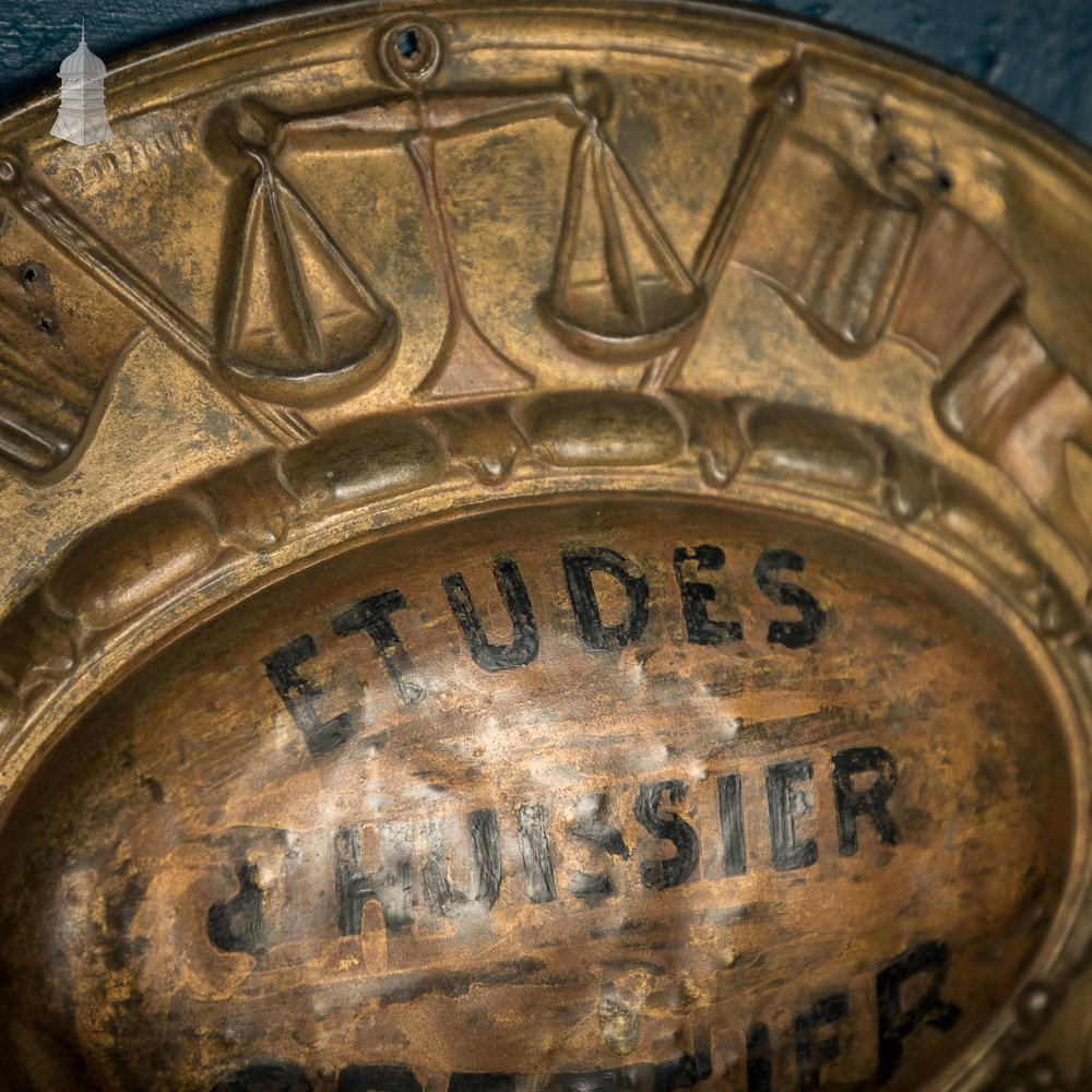 Court Bailiff Sign, French, Brass with painted logo “Etudes & Hussier Greffier” – Studies & Bailiff Clerk