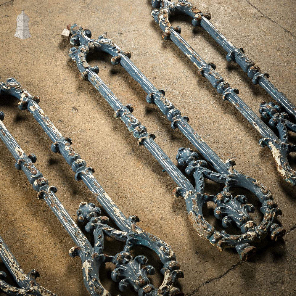 Batch of 7 Victorian Cast Iron Balustrade Elements With Distressed Blue Painted Finish