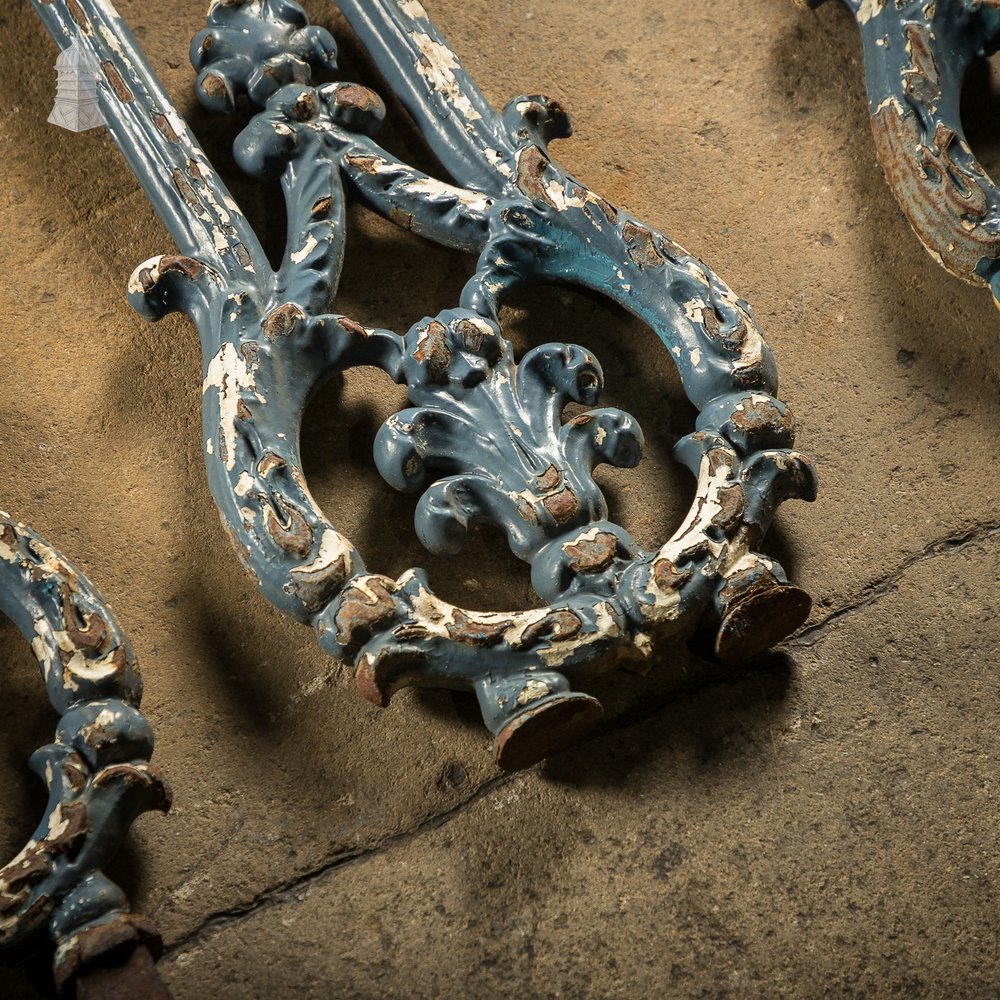 Batch of 7 Victorian Cast Iron Balustrade Elements With Distressed Blue Painted Finish