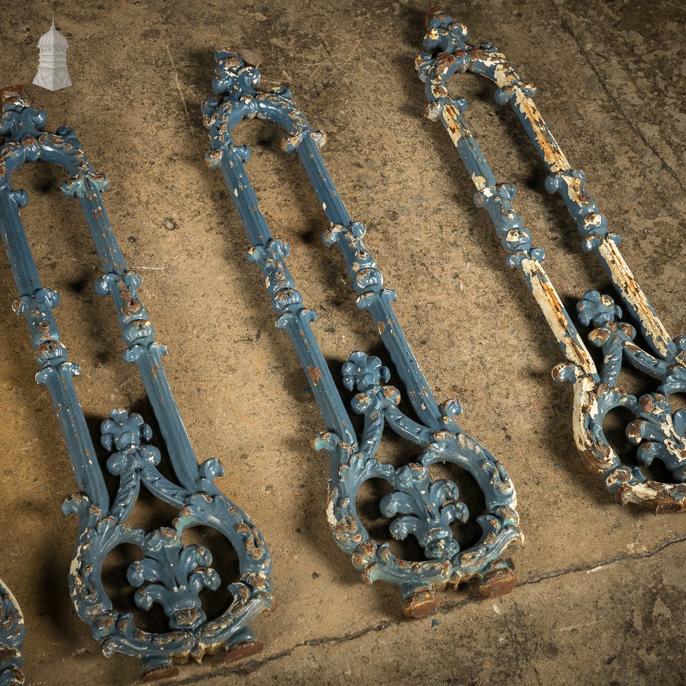 Batch of 7 Victorian Cast Iron Balustrade Elements With Distressed Blue Painted Finish