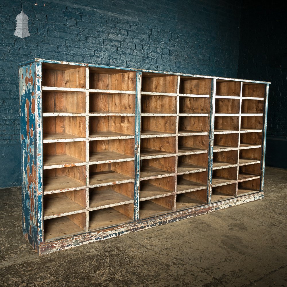 Industrial Pigeon Hole Shelf Unit with Distressed Blue Painted Finish