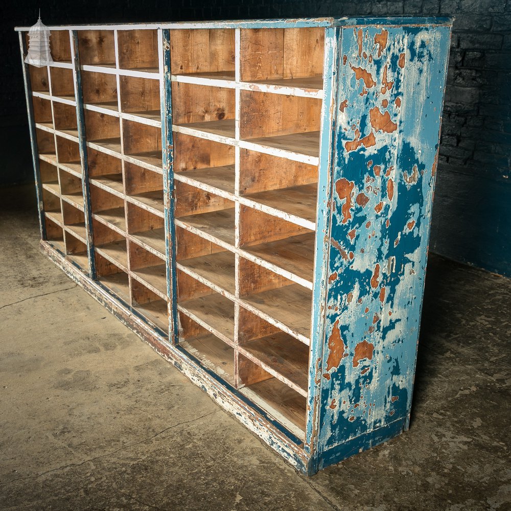 Industrial Pigeon Hole Shelf Unit with Distressed Blue Painted Finish