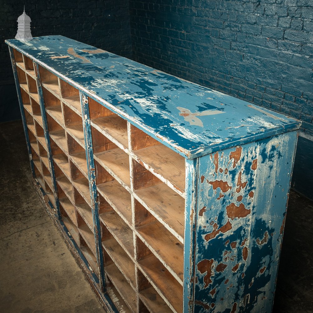 Industrial Pigeon Hole Shelf Unit with Distressed Blue Painted Finish