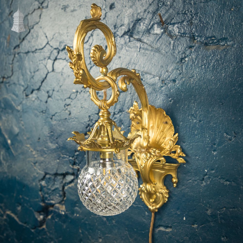 Rococo-style Wall Sconce Lamp, Cut Glass Shade