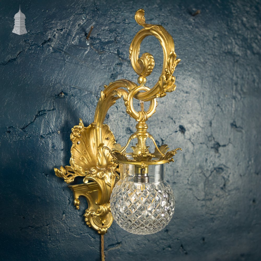 Rococo-style Wall Sconce Lamp, Cut Glass Shade