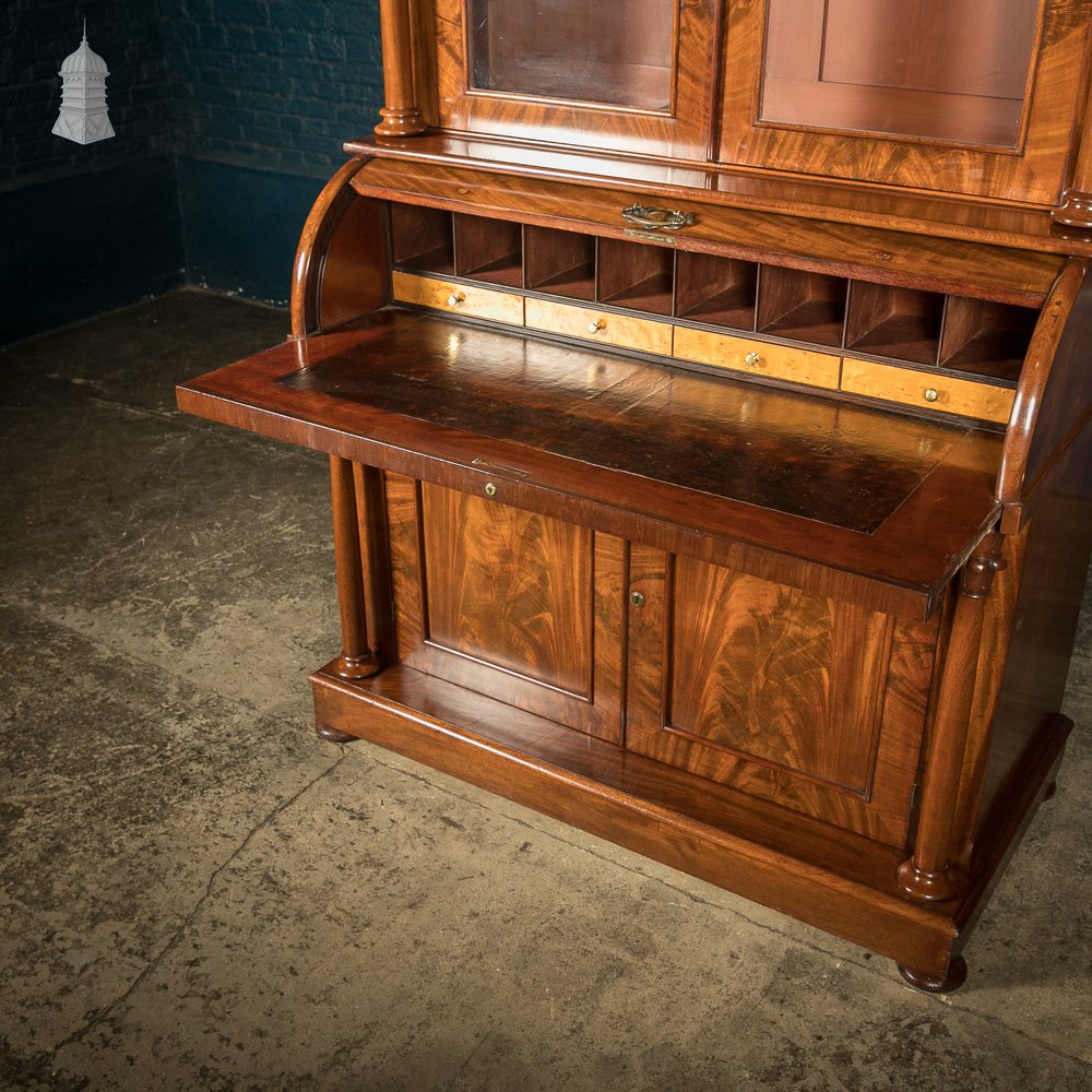 19th C Flame Mahogany Barrel Front Glazed Bureau Cabinet