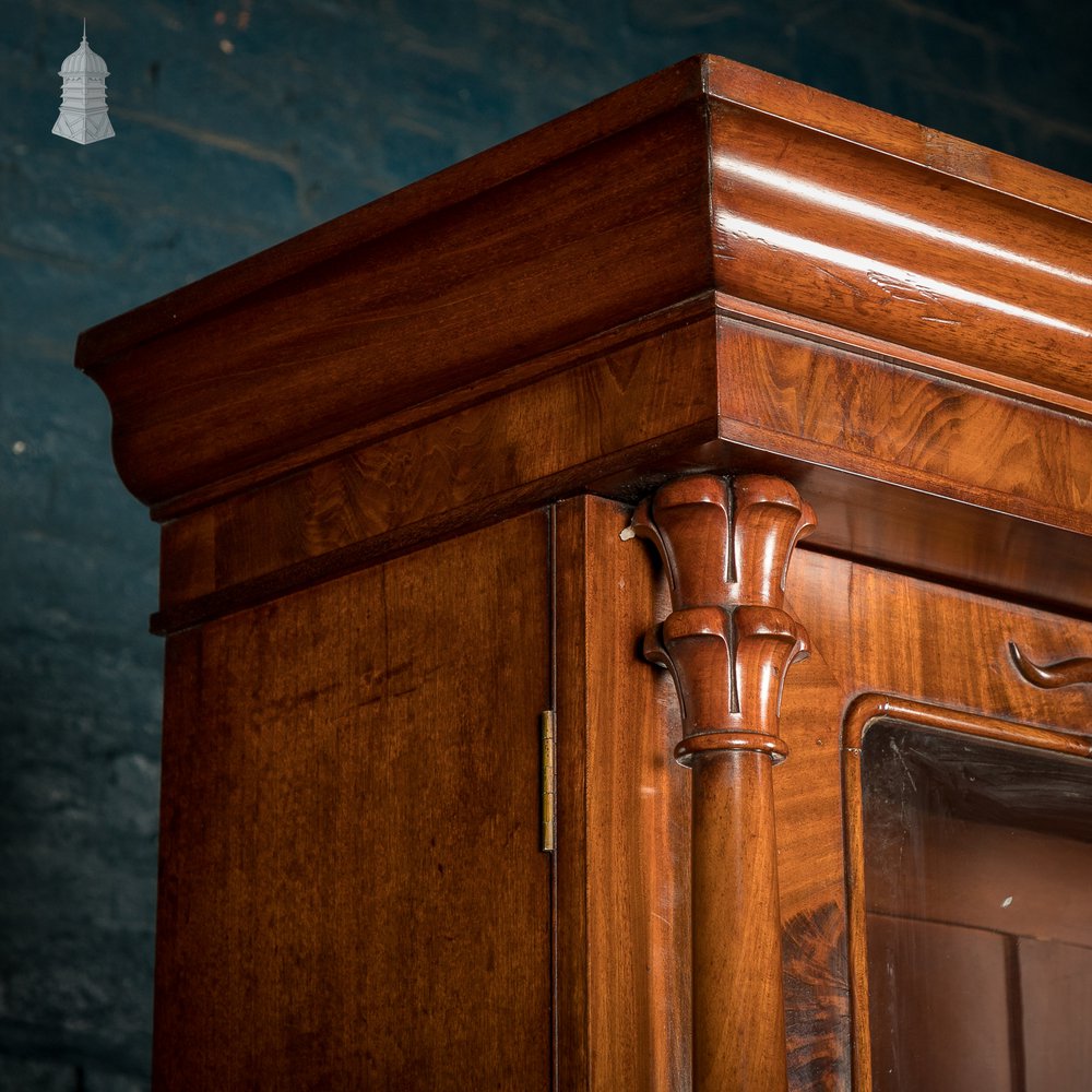 19th C Flame Mahogany Barrel Front Glazed Bureau Cabinet