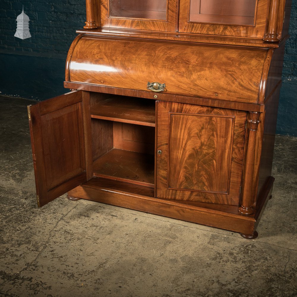 19th C Flame Mahogany Barrel Front Glazed Bureau Cabinet