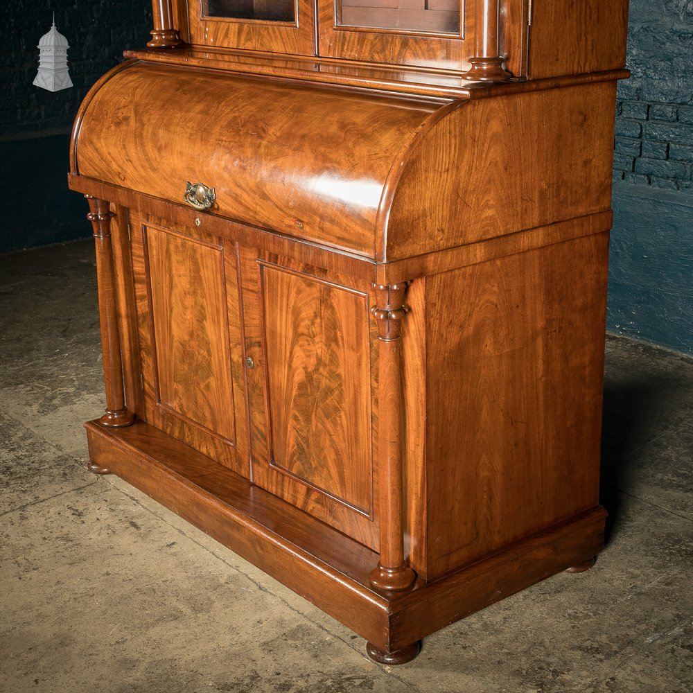 19th C Flame Mahogany Barrel Front Glazed Bureau Cabinet