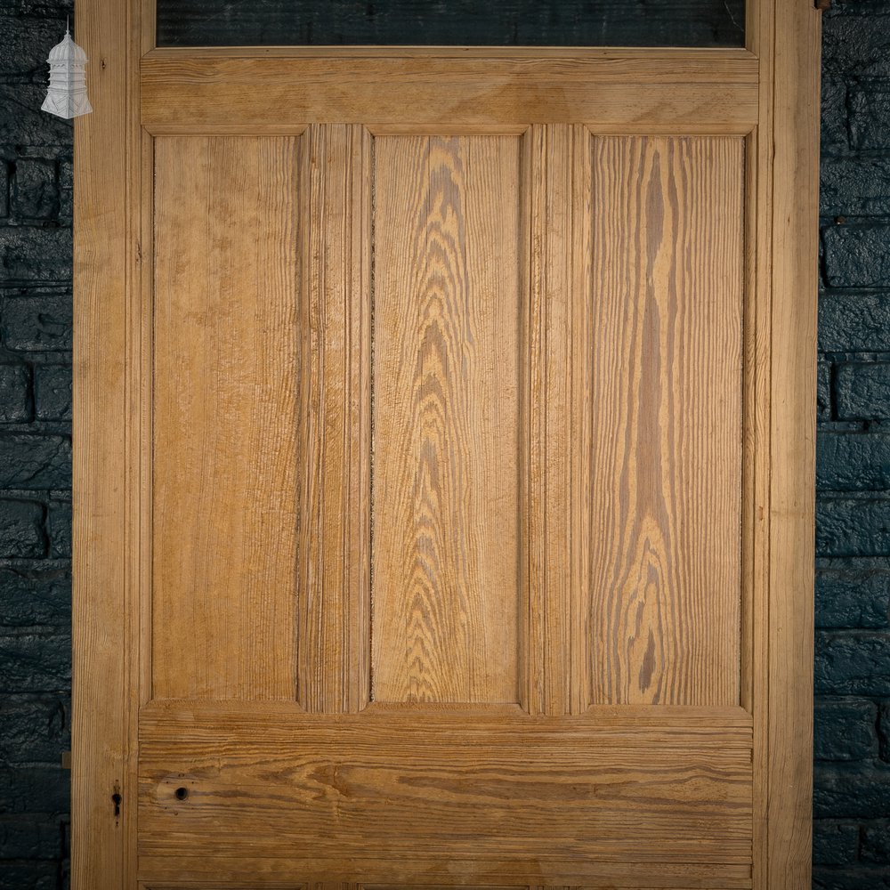 Glazed Pine Door, 7 Panel Pitch Pine, Top Panel Glazed with Wired Glass