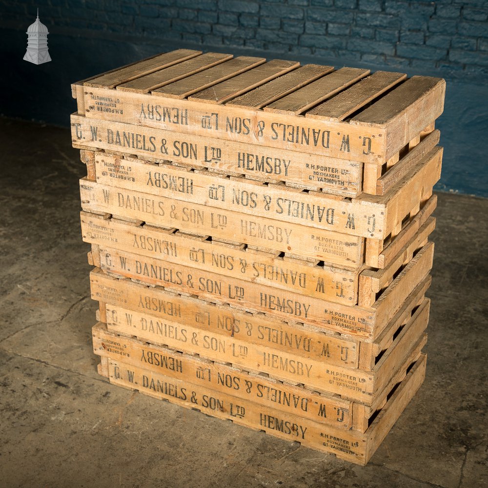 Batch of 10 G.W Daniels & Sons Wooden Chitting Crates with Clear Waxed Finish