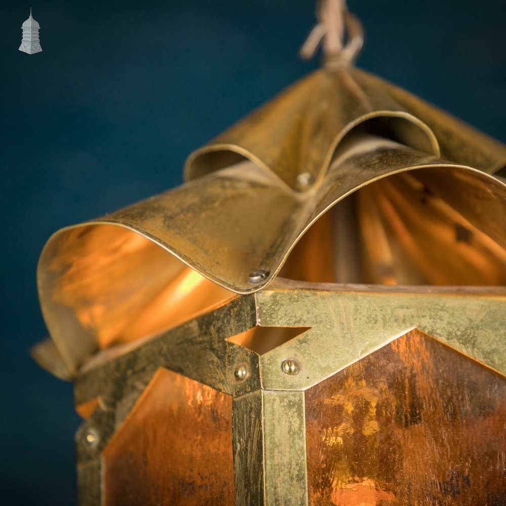 Glazed Brass Lantern, Early 20th C With Textured Coloured Glass